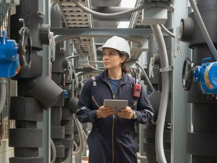 Engineer inspecting industrial equipment for high pressure testing in Abu Ali